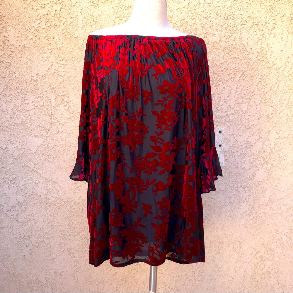 Burnout Velvet Romantic Top Bell Sleeves Wine Black Off Shoulder 1X